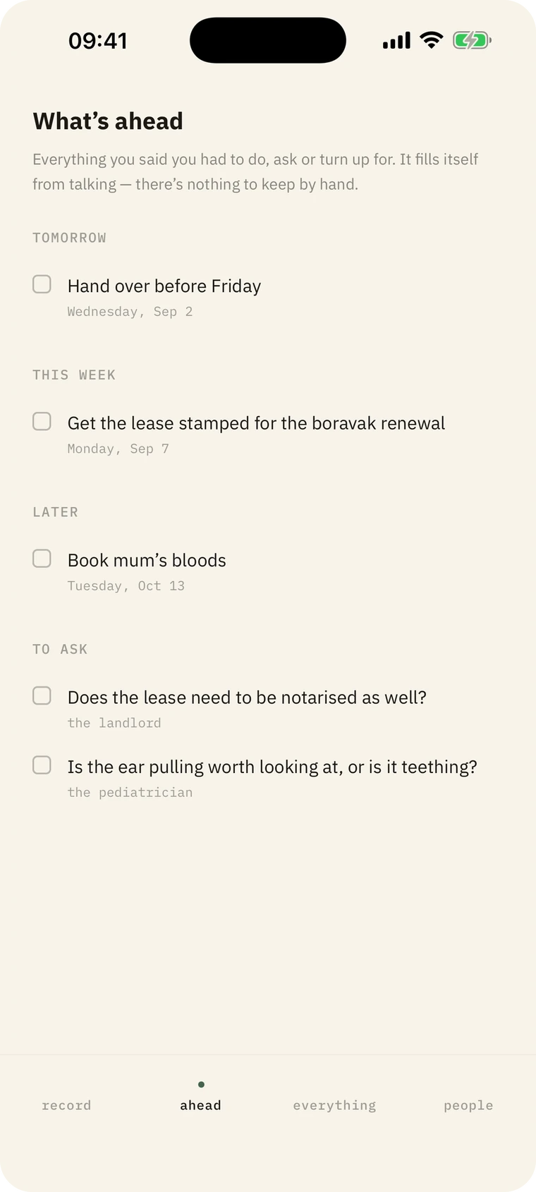 The what's-ahead screen, listing dated tasks and questions pulled out of spoken notes.