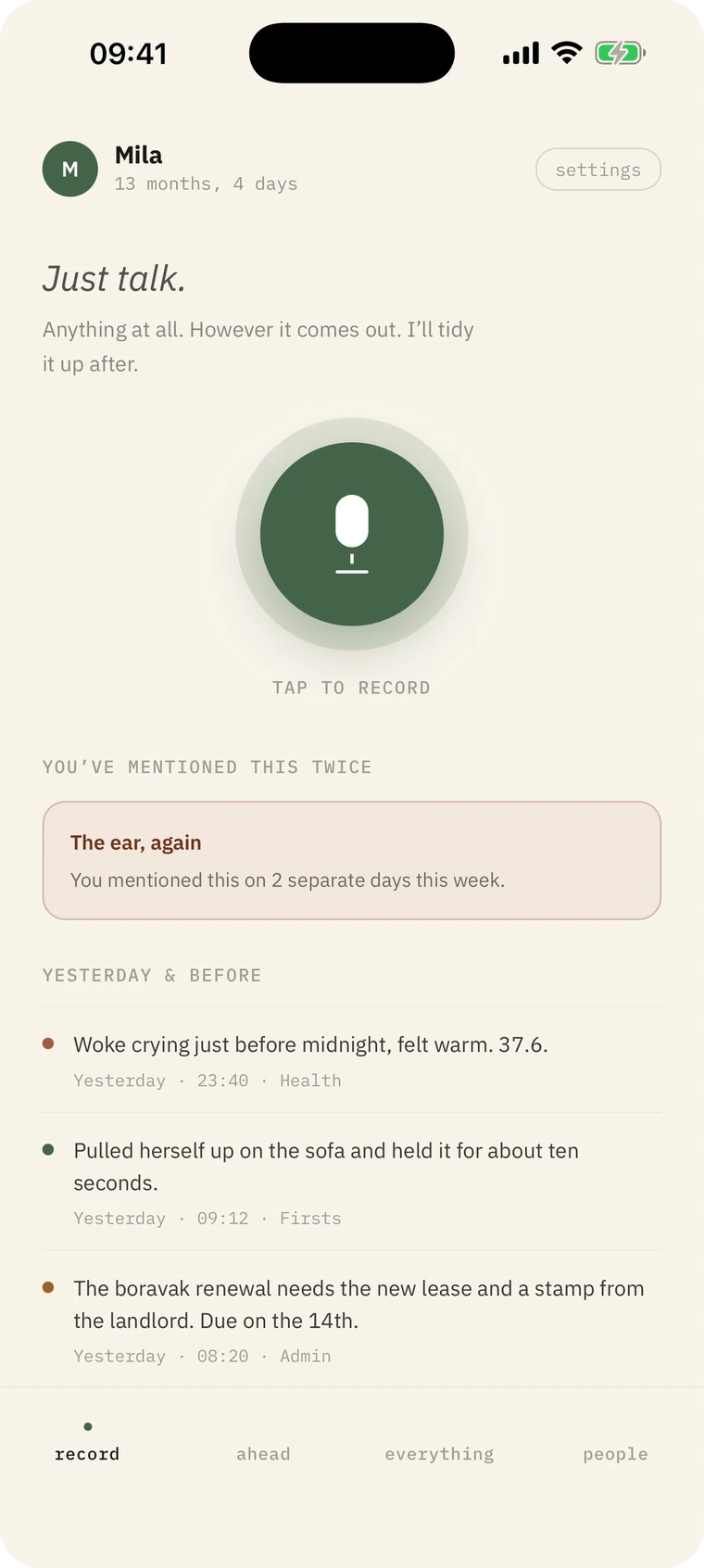 The MoNote recording screen, with a large microphone button and the notes from yesterday below it.