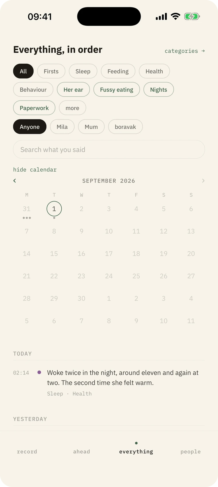 The library screen: topic and people filters, a search box, a month calendar and a dated list of notes.